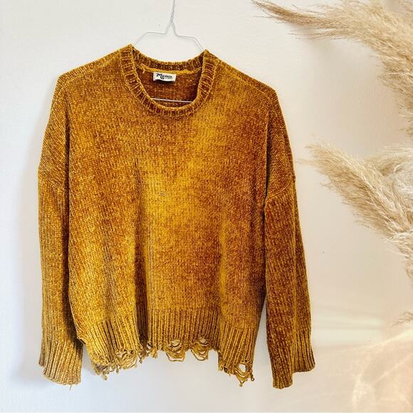 SMYM MUMU Gold Yellow Chenille Knit Oversized Distressed Crop Boxy Sweater XS - Picture 2 of 16